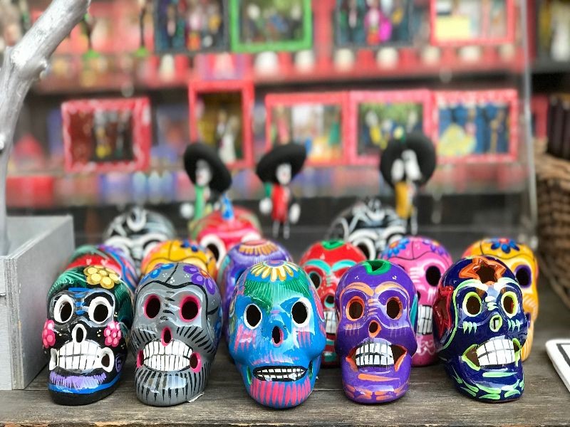 A display of decorated clay skulls