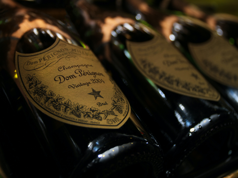Photo of a row of French Champagne bottles
