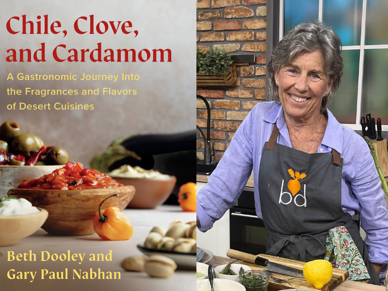 A photo of the cover of the cookbook Chile, Clove, and Cardamom, and a photo of author Beth Dooley wearing an apron with a variety of foods, a cutting board, and knife in front of her.