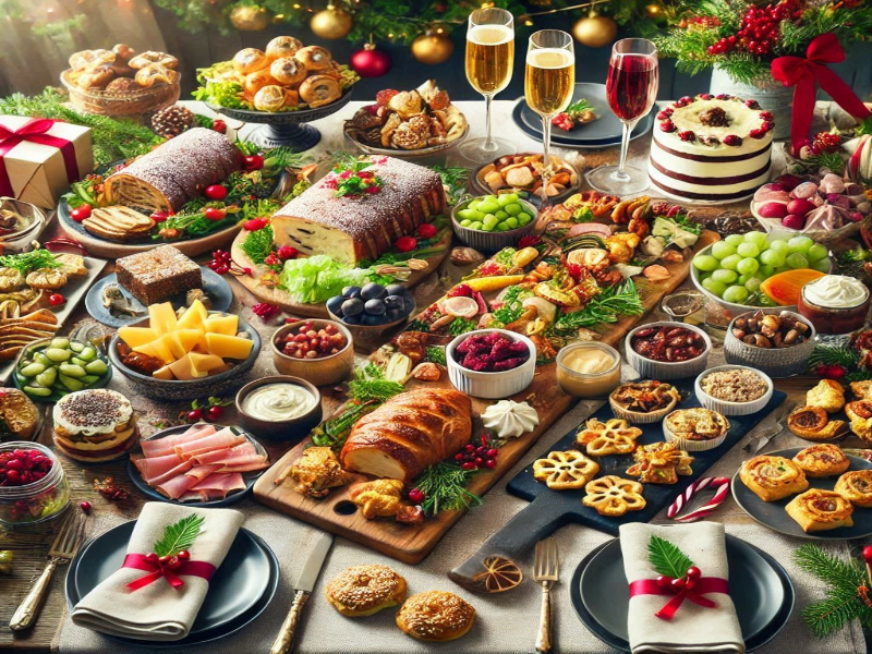 A photo of a table laden with all kinds of foods from appetizers, mains, sides, and desserts.